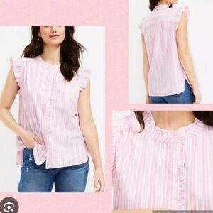 Loft Pink Striped Ruffle Sleeve Top